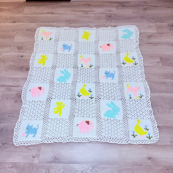 Crochet Baby Toddler Blanket Afghan Throw Unisex Pastel Animal Motif Shower Gift - Picture 7 of 12